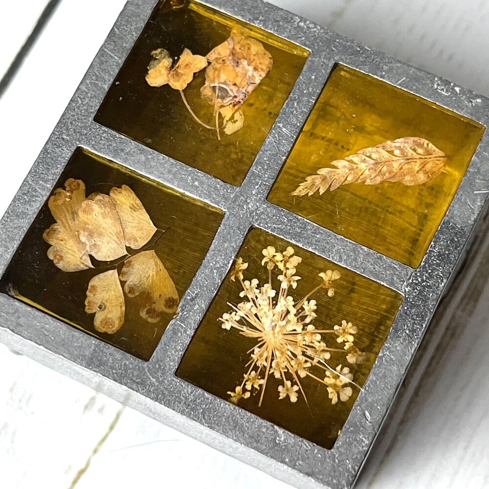 Vintage Dried Botanicals in Resin Small Footed Metal Trinket Box Windowpane Lid